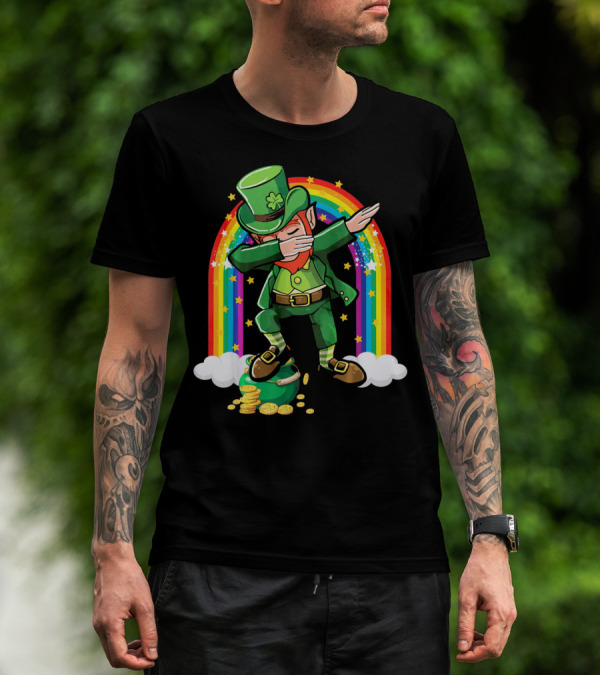 St Patricks Day Leprechaun Dabbing With Rainbow And Gold Coins T-Shirt