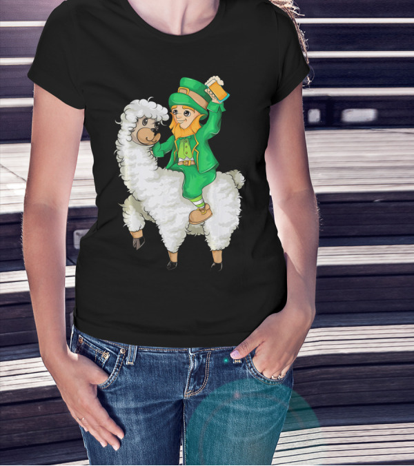 Leprechaun In Green Suit Riding White Fluffy Llama With Beer On St. Patrick's Day T-Shirt