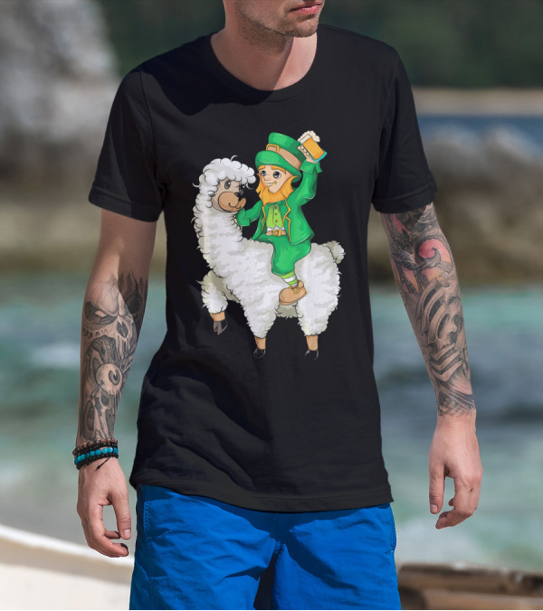 Leprechaun In Green Suit Riding White Fluffy Llama With Beer On St. Patrick's Day T-Shirt