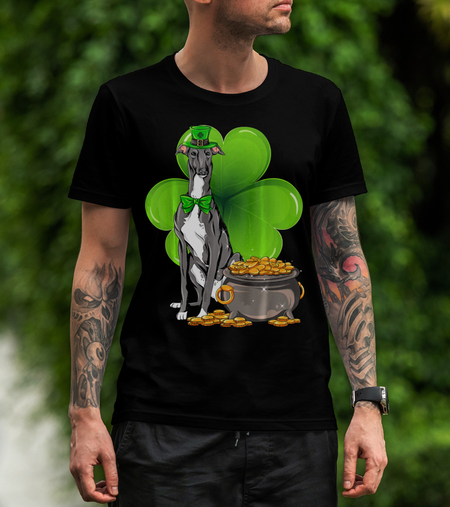 Greyhound St Patricks Day Leprechaun Dog With Shamrock And Pot Of Gold T-Shirt