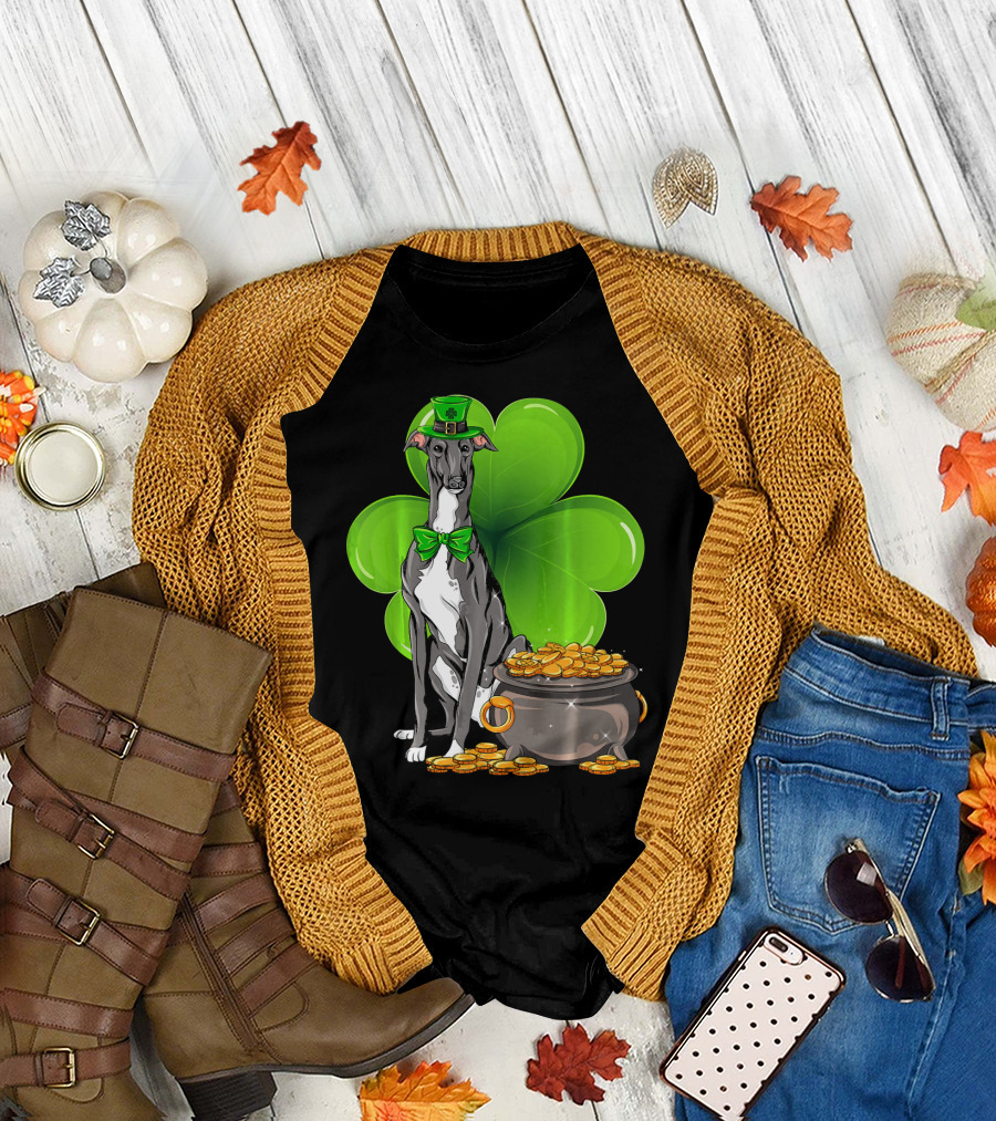 Greyhound St Patricks Day Leprechaun Dog With Shamrock And Pot Of Gold T-Shirt