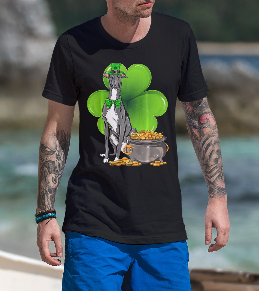 Greyhound St Patricks Day Leprechaun Dog With Shamrock And Pot Of Gold T-Shirt