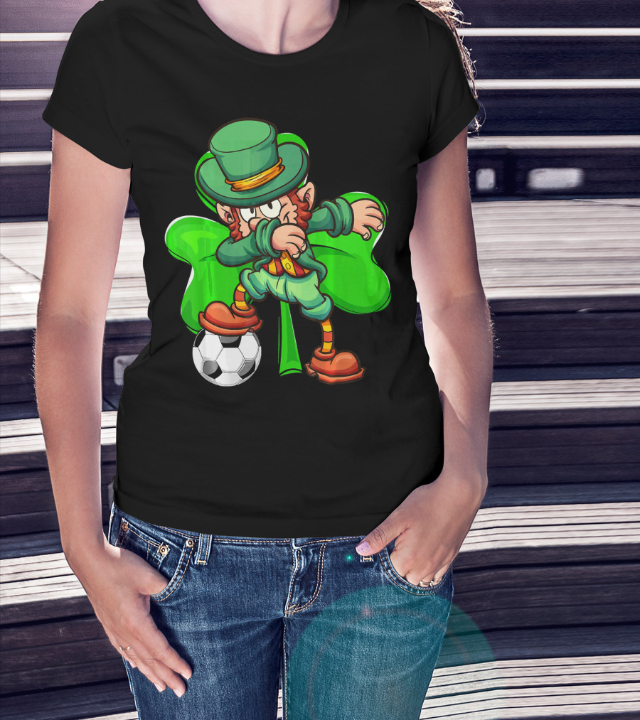 Dabbing Leprechaun Kicking Soccer Ball With Shamrock Background T-Shirt