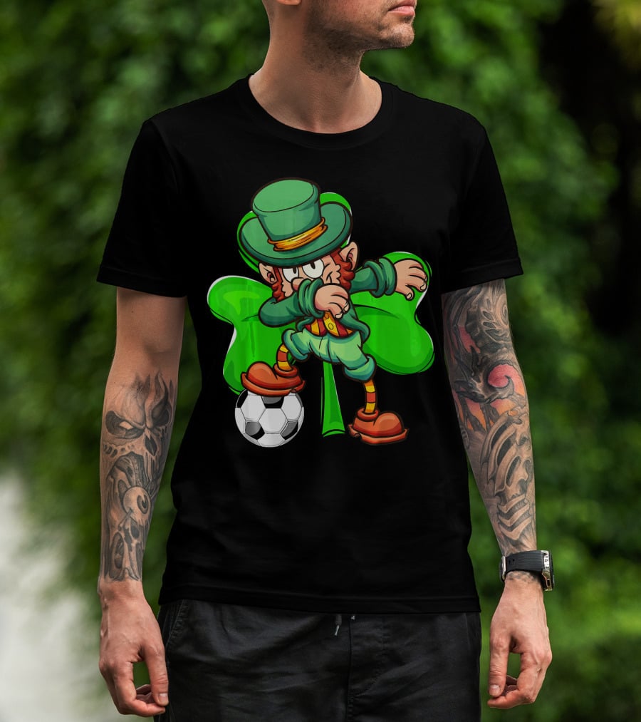 Dabbing Leprechaun Kicking Soccer Ball With Shamrock Background T-Shirt