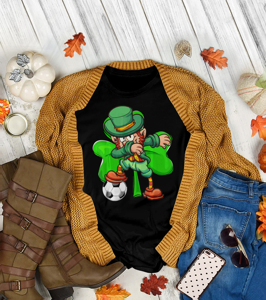 Dabbing Leprechaun Kicking Soccer Ball with Shamrock Background T-Shirt