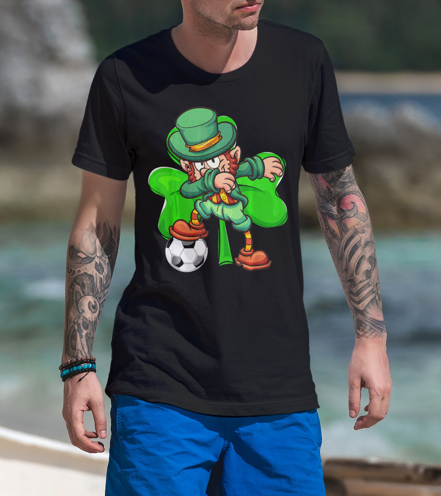 Dabbing Leprechaun Kicking Soccer Ball With Shamrock Background T-Shirt