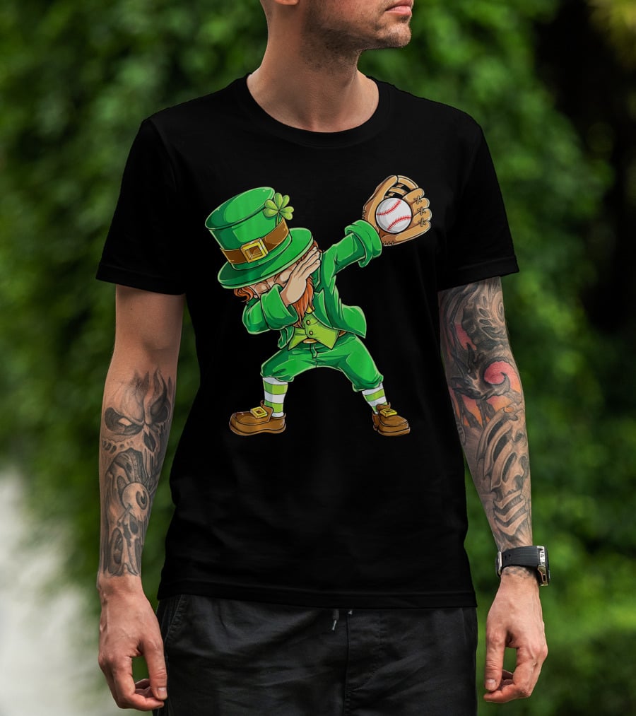 Dabbing Leprechaun Baseball Glove Pitcher Fantasy T-Shirt