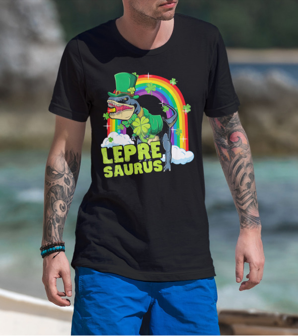 Lepresaurus Dinosaur With Shamrocks And Rainbow St Patrick's Day T-Shirt