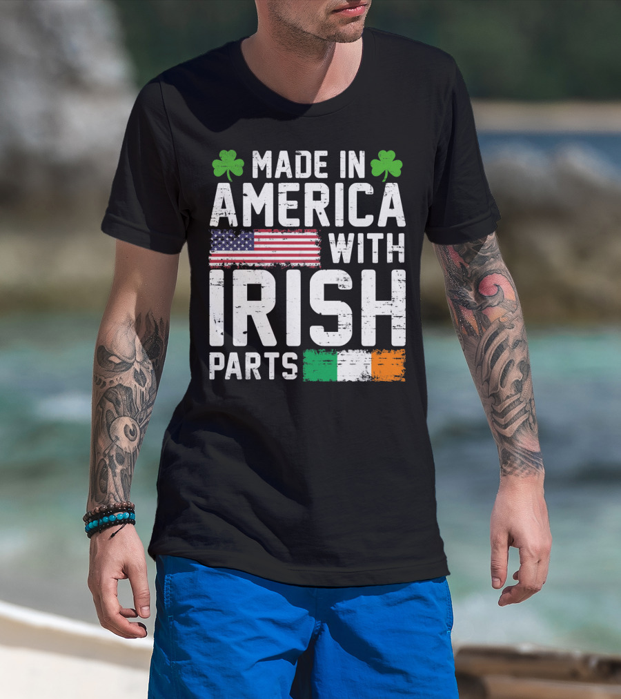 Made In America With Irish Parts Shamrock Flag Print T-Shirt