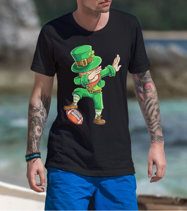 Leprechaun Dabbing On Football With Green Hat And Orange Beard T-Shirt