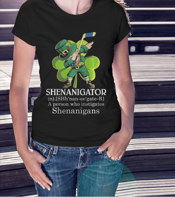 Shenanigator Dabbing Leprechaun Instigates Shenanigans Hockey Shamrock T-Shirt
