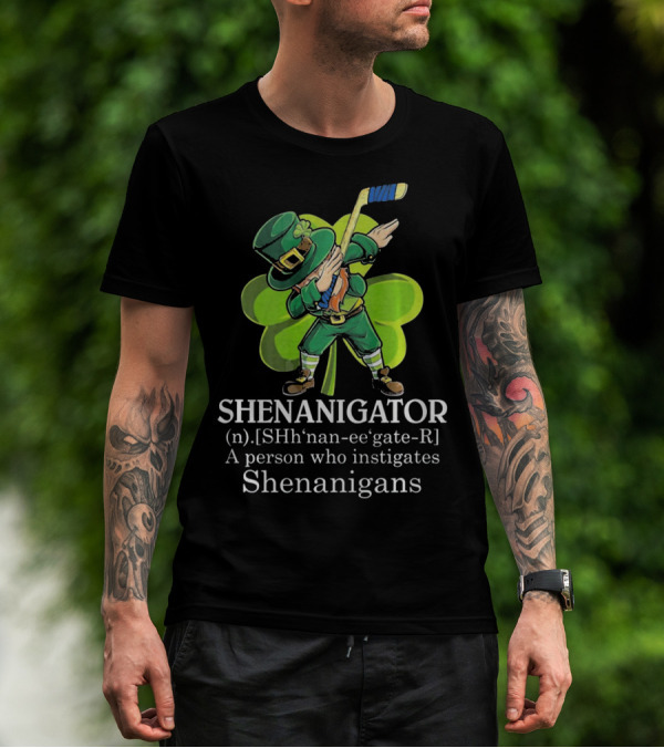 Shenanigator Dabbing Leprechaun Instigates Shenanigans Hockey Shamrock T-Shirt