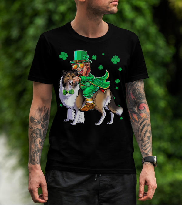 Leprechaun Riding Collie With Shamrocks For St. Patrick's Day T-Shirt