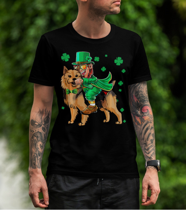 Leprechaun Riding Australian Terrier With Shamrocks T-Shirt