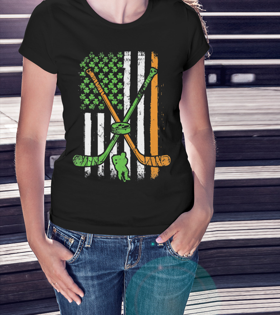 Irish American Flag Shamrock Hockey Sticks Player T-Shirt