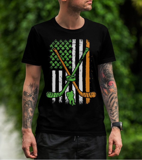 Irish American Flag Shamrock Hockey Sticks Player T-Shirt