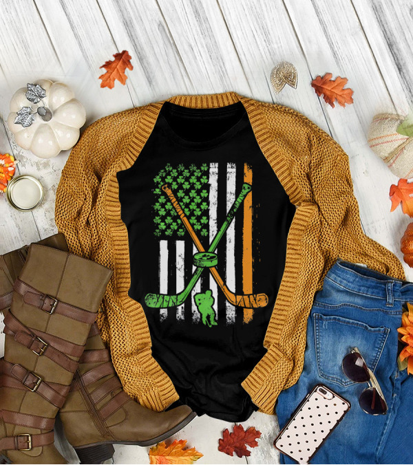 Irish American Flag Shamrock Hockey Sticks Player T-Shirt