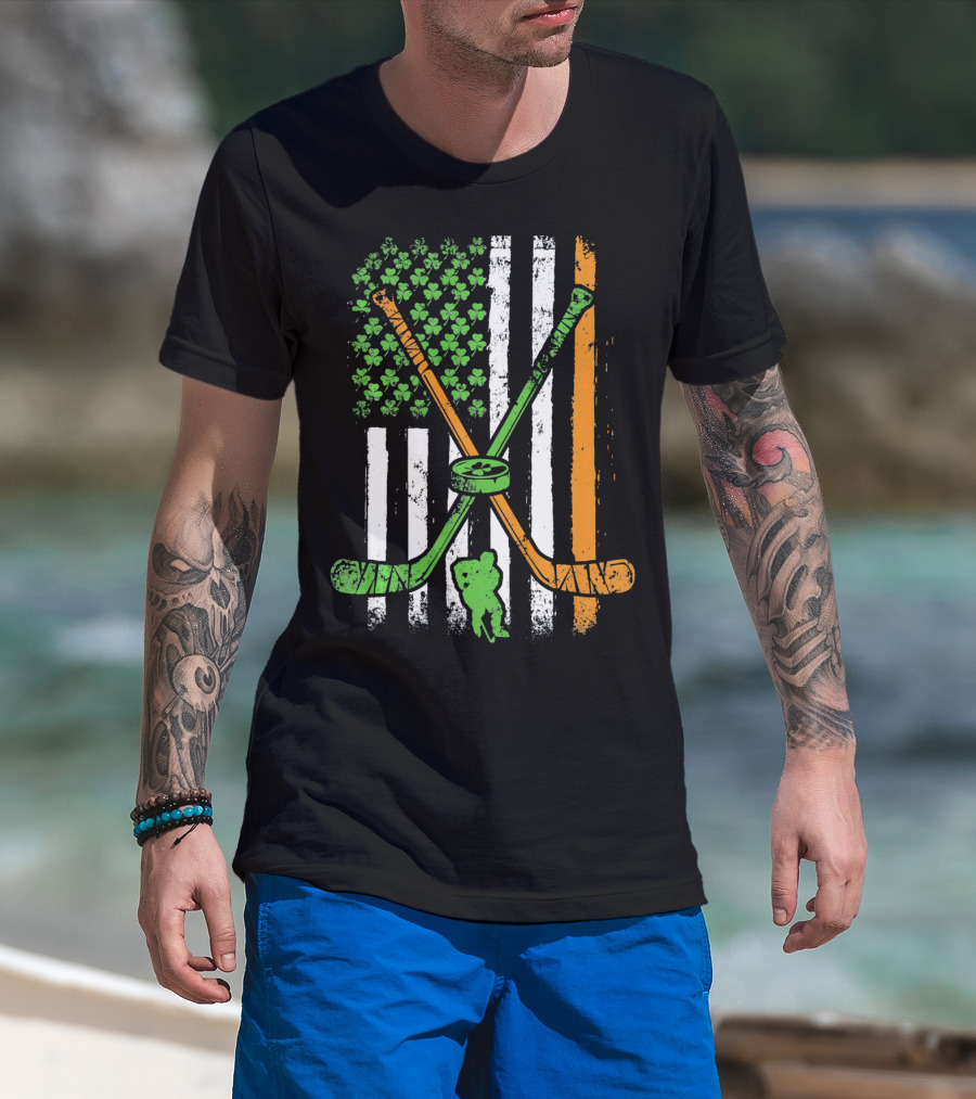 Irish American Flag Shamrock Hockey Sticks Player T-Shirt