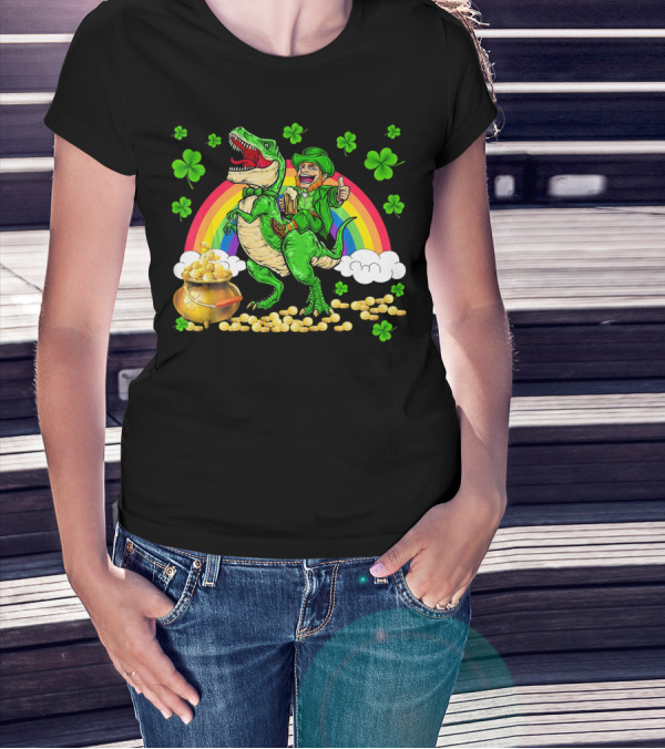 Leprechaun Riding Dinosaur With Rainbow And Pot Of Gold T-Shirt