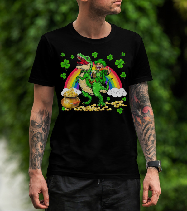 Leprechaun Riding Dinosaur With Rainbow And Pot Of Gold T-Shirt