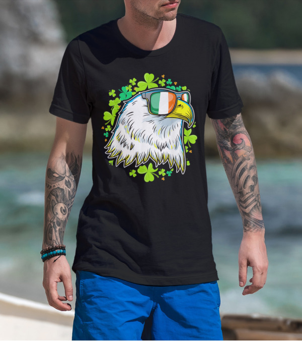 Mens Funny St Patricks Day Eagle Clover Sunglasses T-Shirt