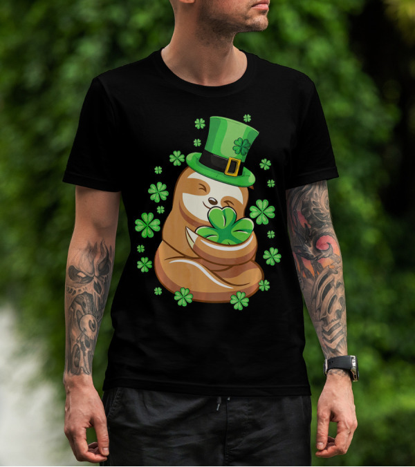 Lucky Sloth St Patricks Day Leprechaun With Shamrocks And Green Hat T-Shirt
