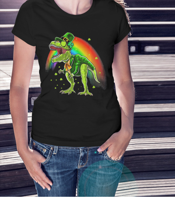 St. Patricks Day T-Rex Dinosaur Leprechaun With Rainbow And Shamrocks T-Shirt
