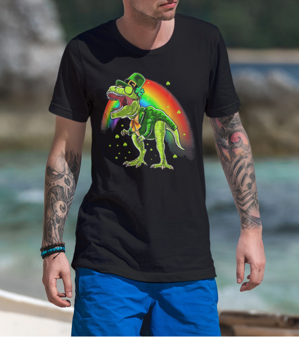 St. Patricks Day T-Rex Dinosaur Leprechaun With Rainbow And Shamrocks T-Shirt