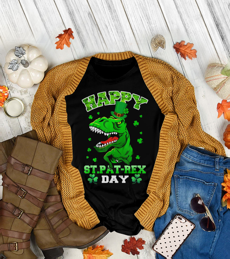 Happy St. Pat-Rex Day Dinosaur with Shamrocks T-Shirt