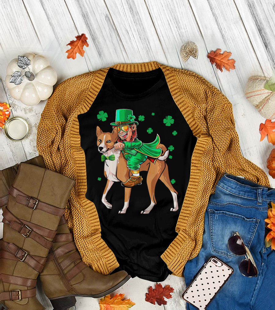 Leprechaun Riding Basenji with Shamrocks St Patricks T-Shirt