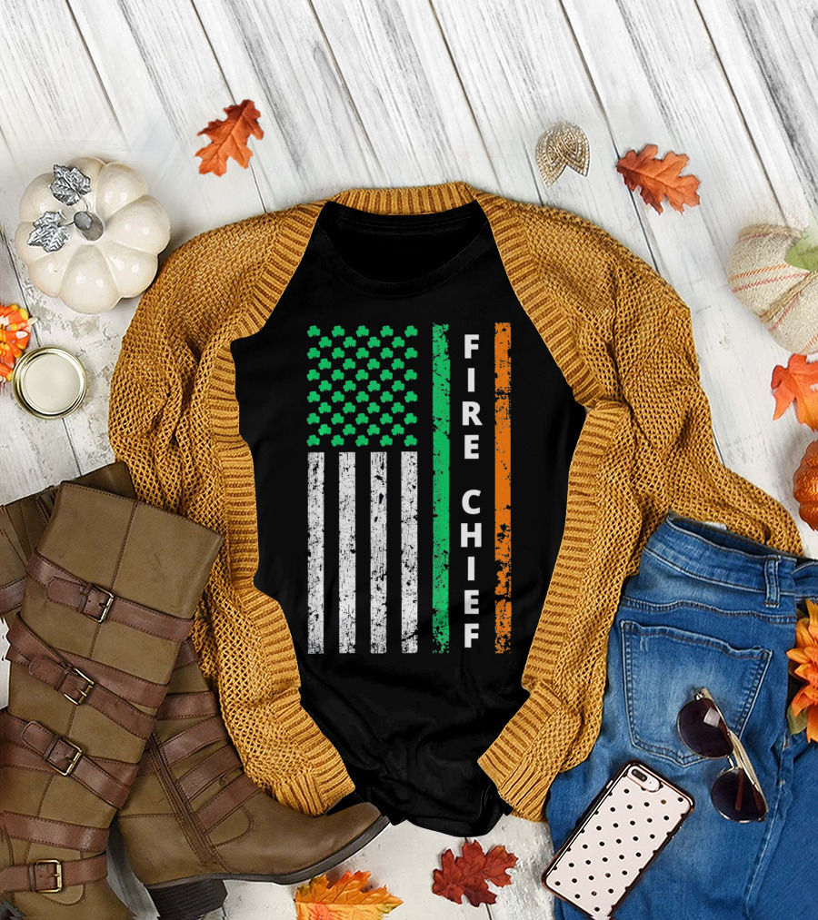 Fire Chief Irish Shamrock American Flag T-Shirt