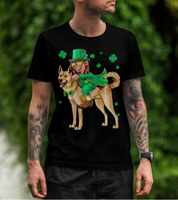 Leprechaun Riding Canaan Dog With Shamrock St. Patrick's Day T-Shirt