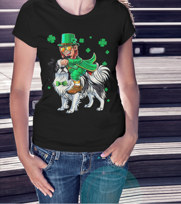 Leprechaun Riding Japanese Chin With Shamrock Clovers T-Shirt