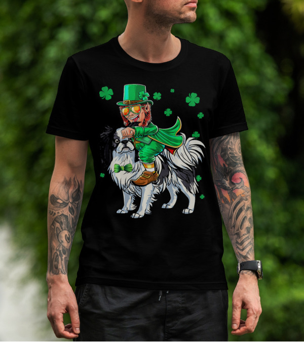 Leprechaun Riding Japanese Chin With Shamrock Clovers T-Shirt