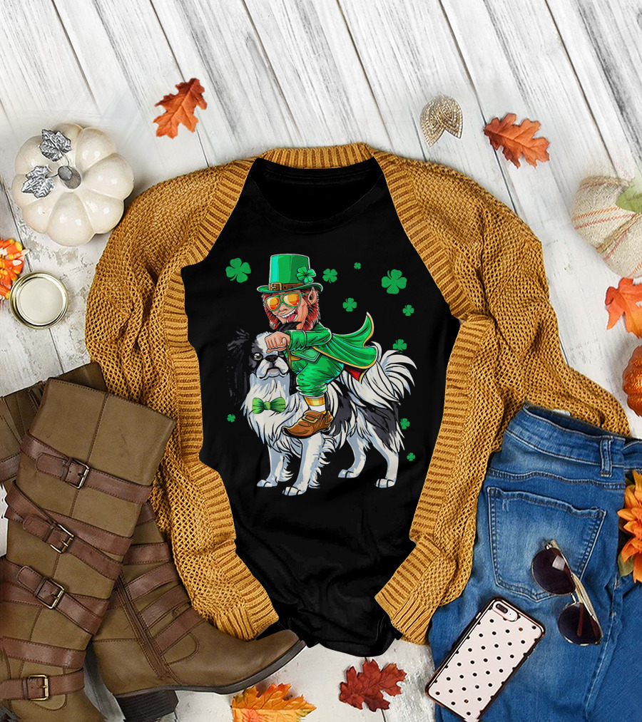 Leprechaun Riding Japanese Chin with Shamrock Clovers T-Shirt