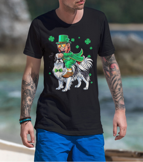 Leprechaun Riding Japanese Chin With Shamrock Clovers T-Shirt
