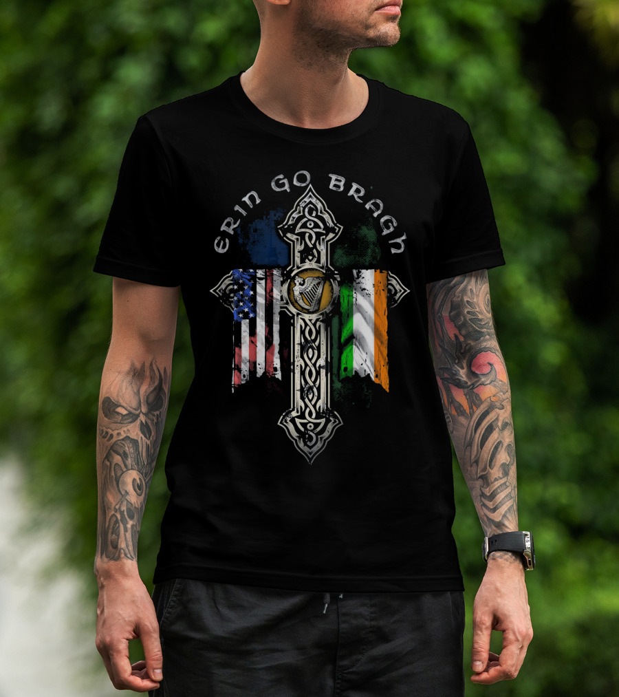 Erin Go Bragh American Irish Flags Celtic Cross T-Shirt