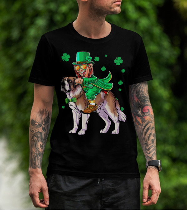 Leprechaun Riding Saint Bernard With Shamrocks T-Shirt
