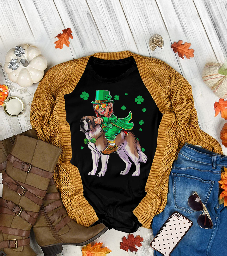 Leprechaun Riding Saint Bernard with Shamrocks T-Shirt