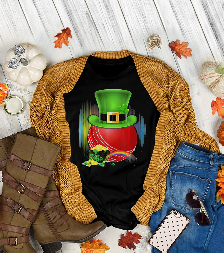 Cricket Ball Leprechaun Hat Rainbow Coin Saint Patricks T-Shirt