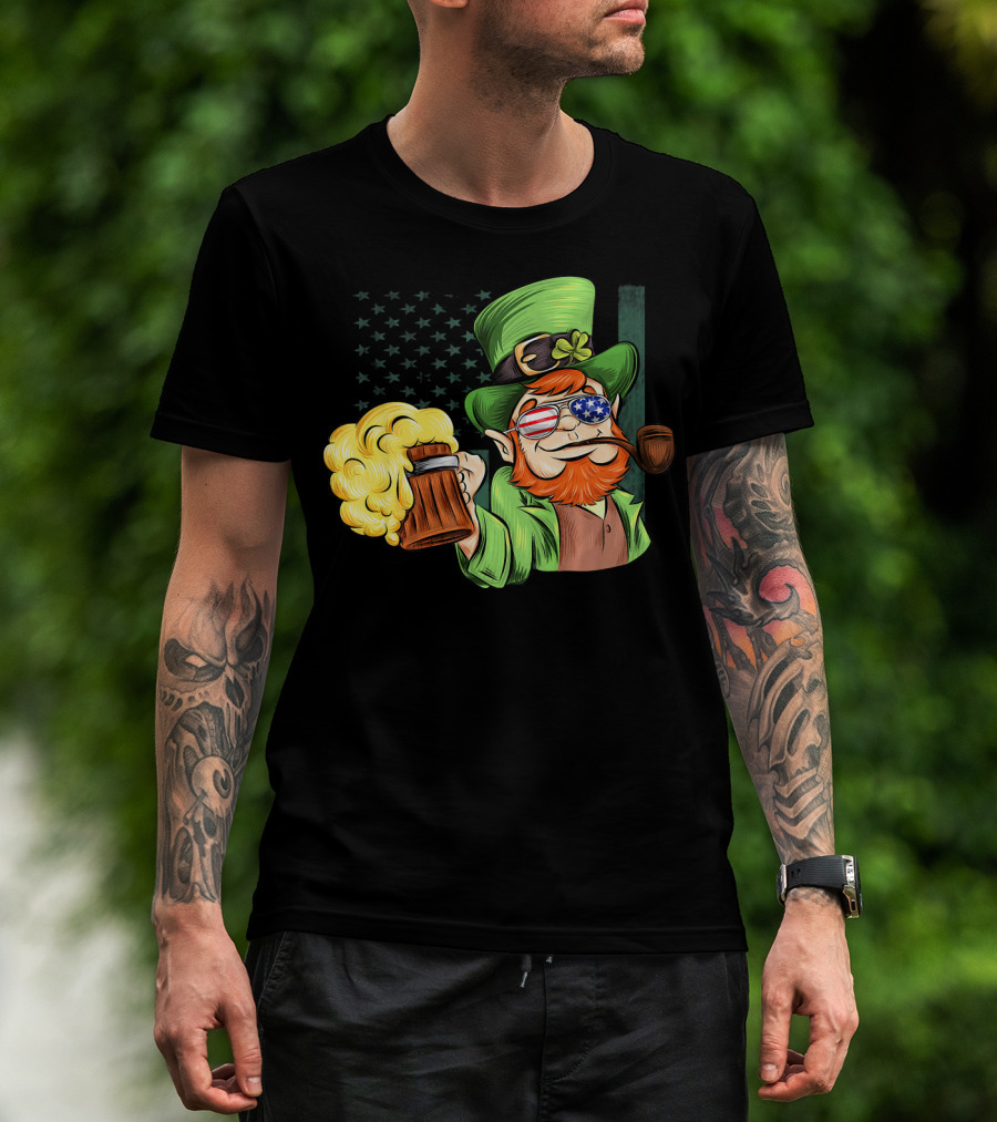 Funny Drunk Patriotic Leprechaun Beer Mug With Shamrock Hat And American Flag Sunglasses T-Shirt