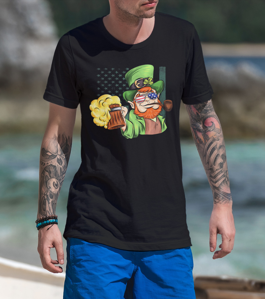 Funny Drunk Patriotic Leprechaun Beer Mug With Shamrock Hat And American Flag Sunglasses T-Shirt