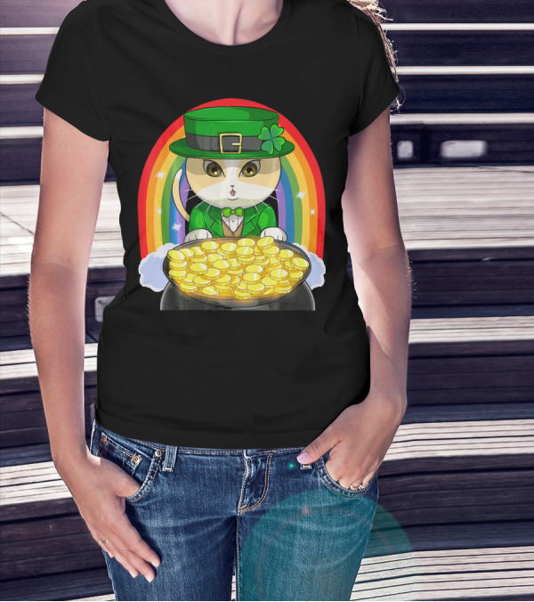 Exotic Cat Leprechaun Pot Of Gold Rainbow Happy St Patricks T-Shirt