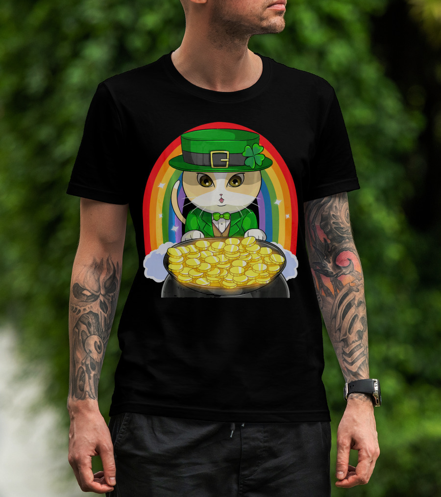 Exotic Cat Leprechaun Pot Of Gold Rainbow Happy St Patricks T-Shirt