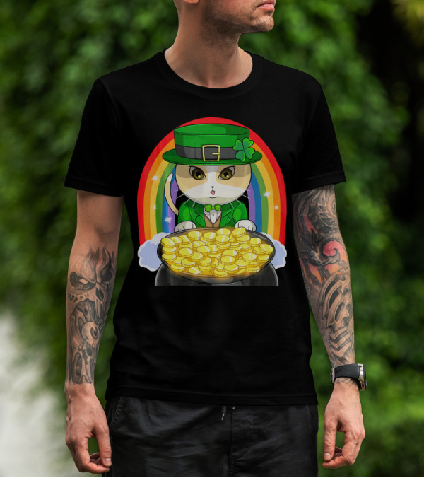 Exotic Cat Leprechaun Pot Of Gold Rainbow Happy St Patricks T-Shirt