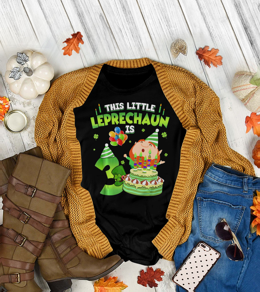This Little Leprechaun Is 3 Birthday Celebration with Cake and Balloons T-Shirt