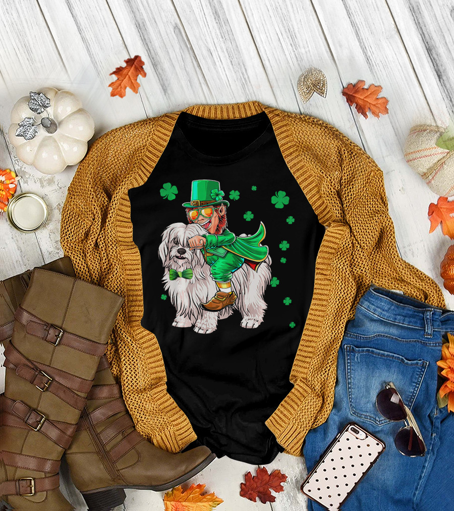 Leprechaun Riding Coton De Tulear with Shamrocks T-Shirt