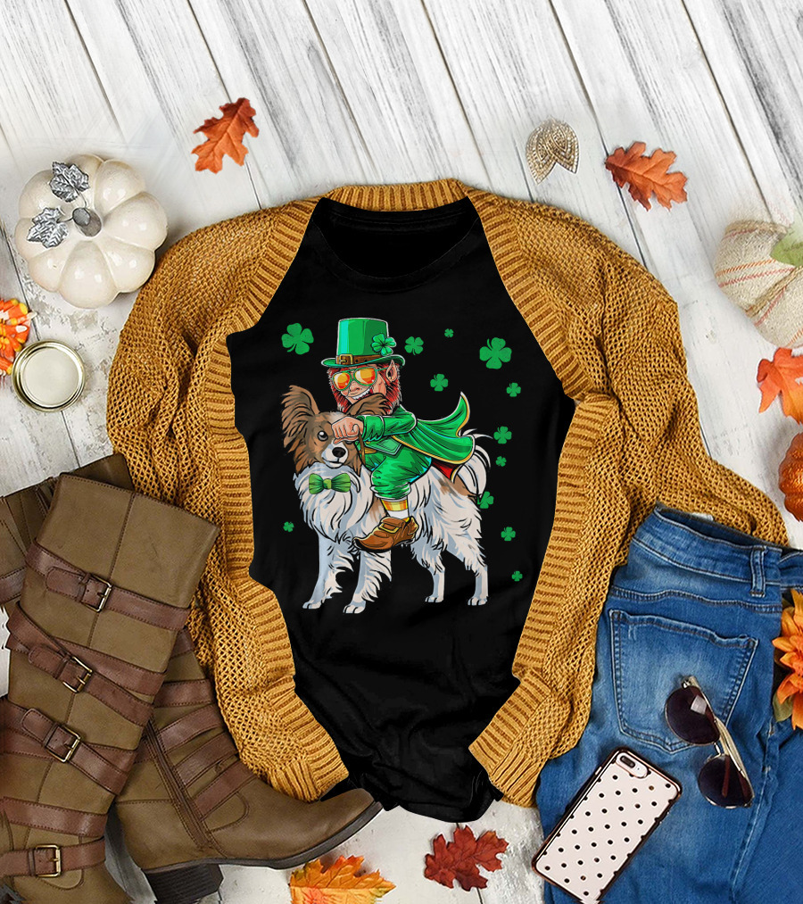 Leprechaun Riding Papillon with Shamrocks St. Patrick T-Shirt
