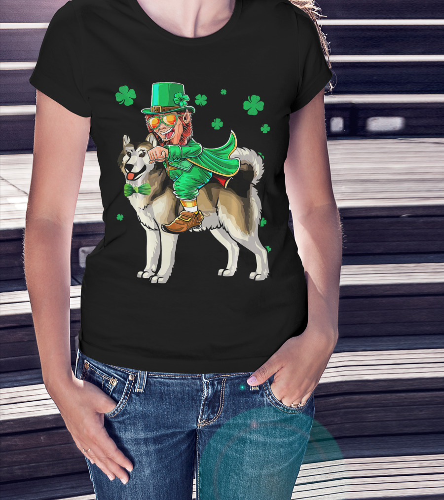 Leprechaun Riding Alaskan Malamute With Shamrocks T-Shirt