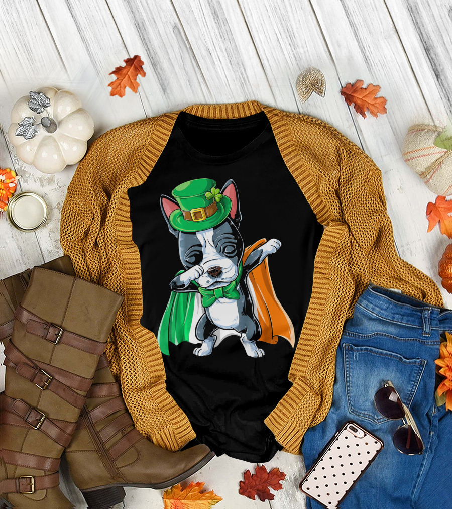 Dabbing Boston Terrier St. Patrick's Day Irish Flag Cape T-Shirt